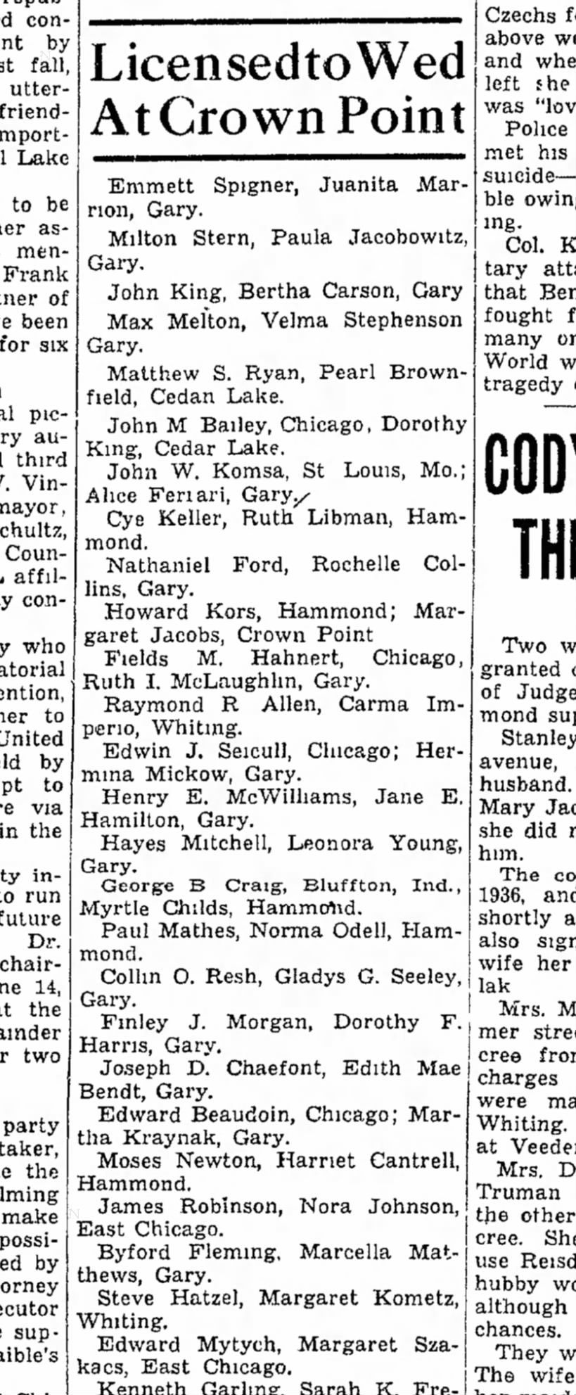 Margaret Szakacs licensed to wed Edward Mytych- The Times (Hammond, Indiana) June 25, 1939