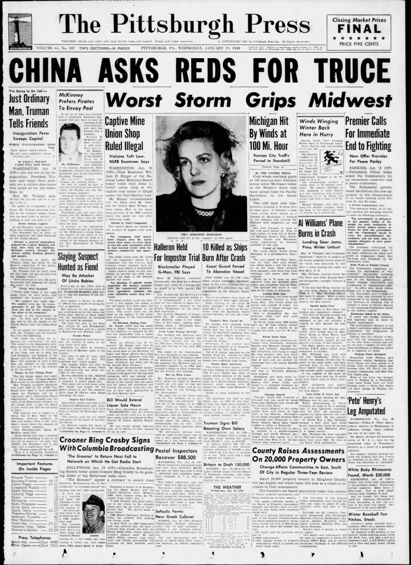 01/19/1949 Headlines