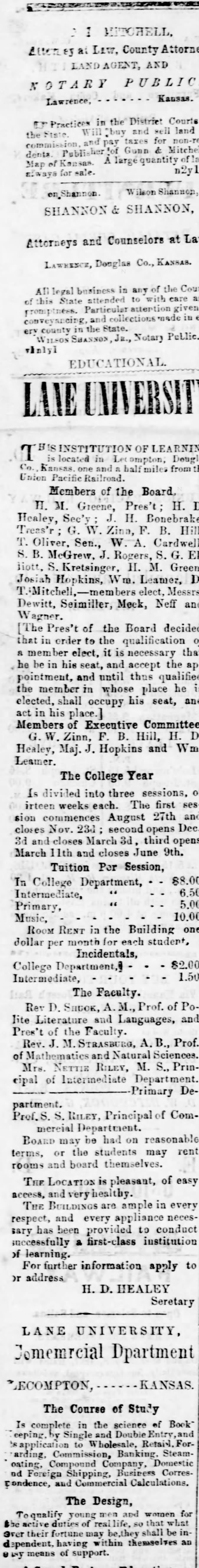 Josiah Hopkins - Lane University Board - 7 August 1867