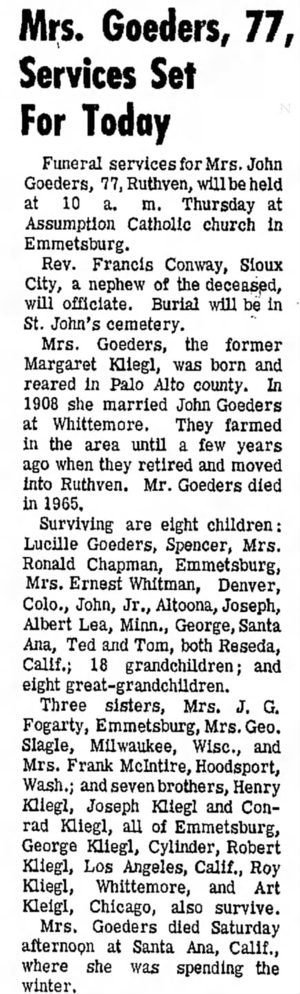 Obituary for Maggie Kliegl Goeders  Feb 16 1967