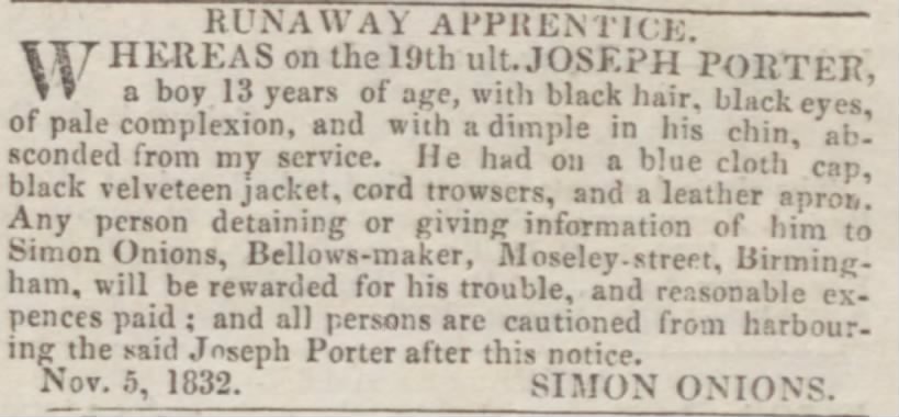 Nov 5th 1832 runaway apprentice Onion Anvils 