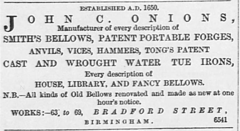 1859 Birmingham Journal Add for John C. Onions