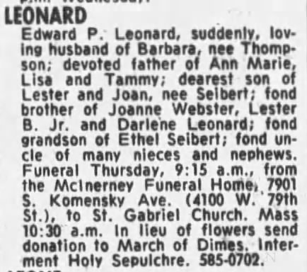 Leonard, Edward P Obituary
