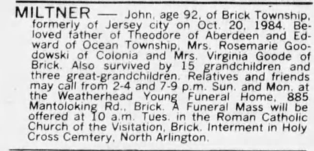 John Miltner death notice 1984