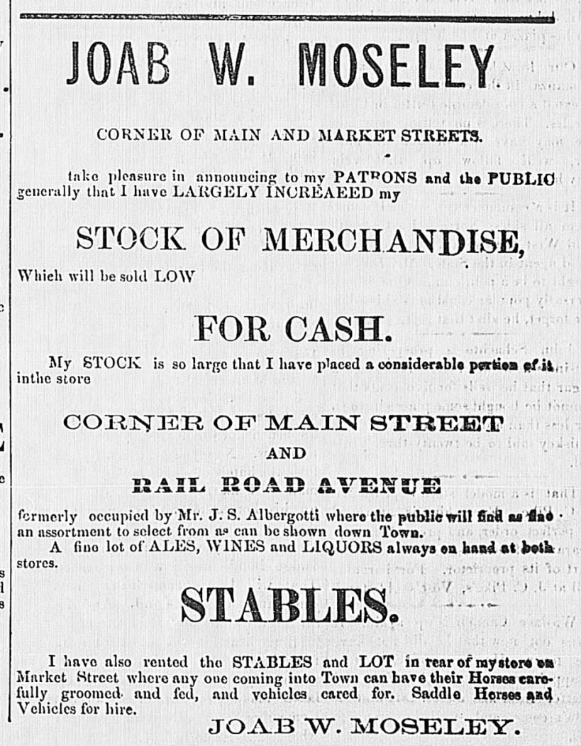Orangeburg Times 2-5-1876 Joab Moseley Advertisement