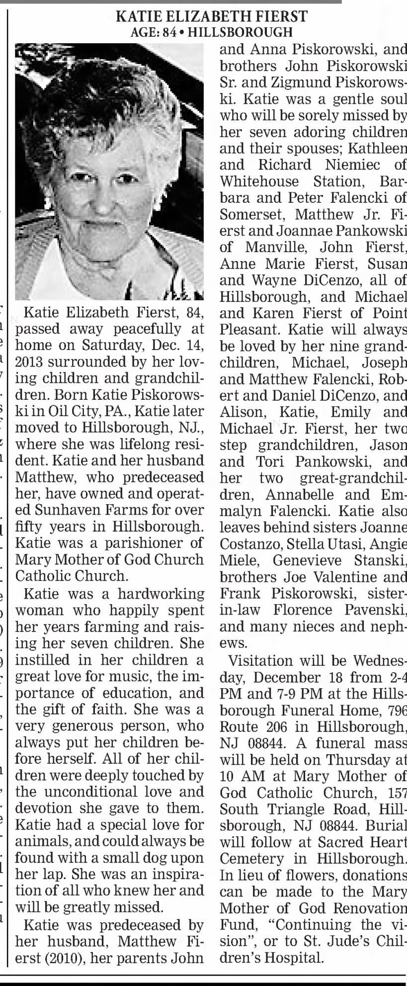 Katie Piskorowski Fierst, Courier News, 16 Dec 2013 (mon) p. A8