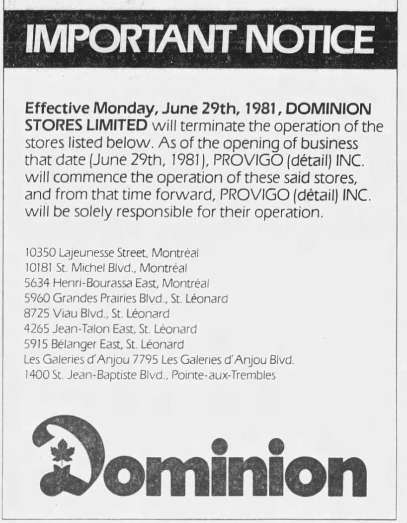 Dominion Stores notice