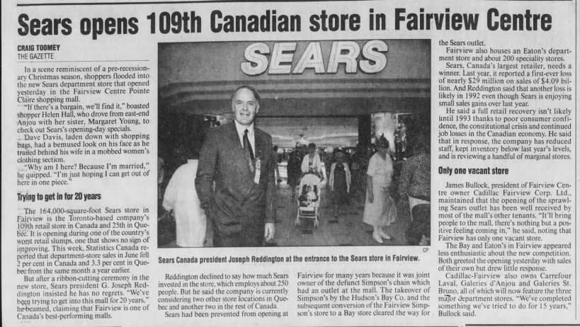 Sears opens 109th Canadian store in Fairview Centre. 