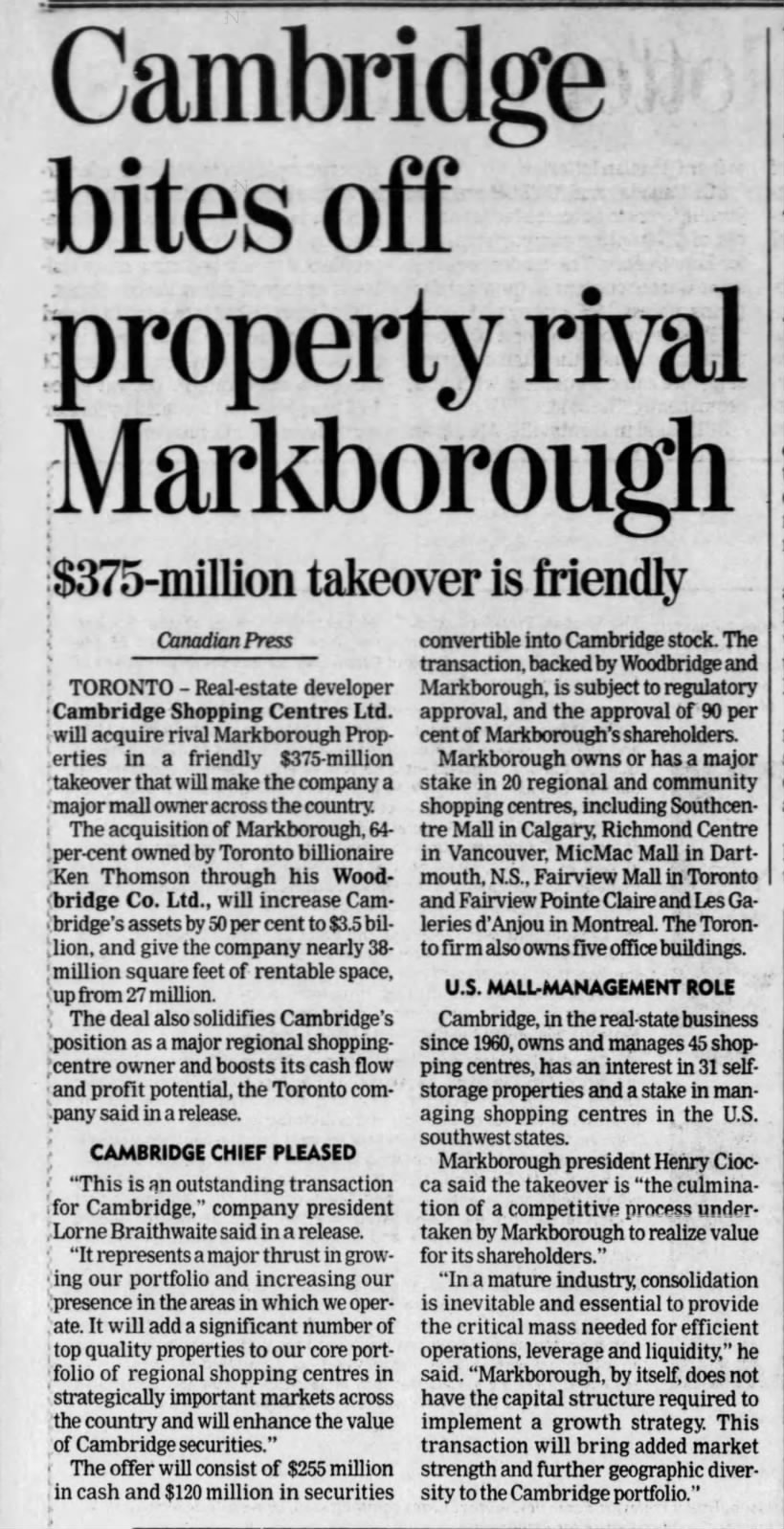 Cambridge bites off property rival Markborough: $375-million takeover is friendly