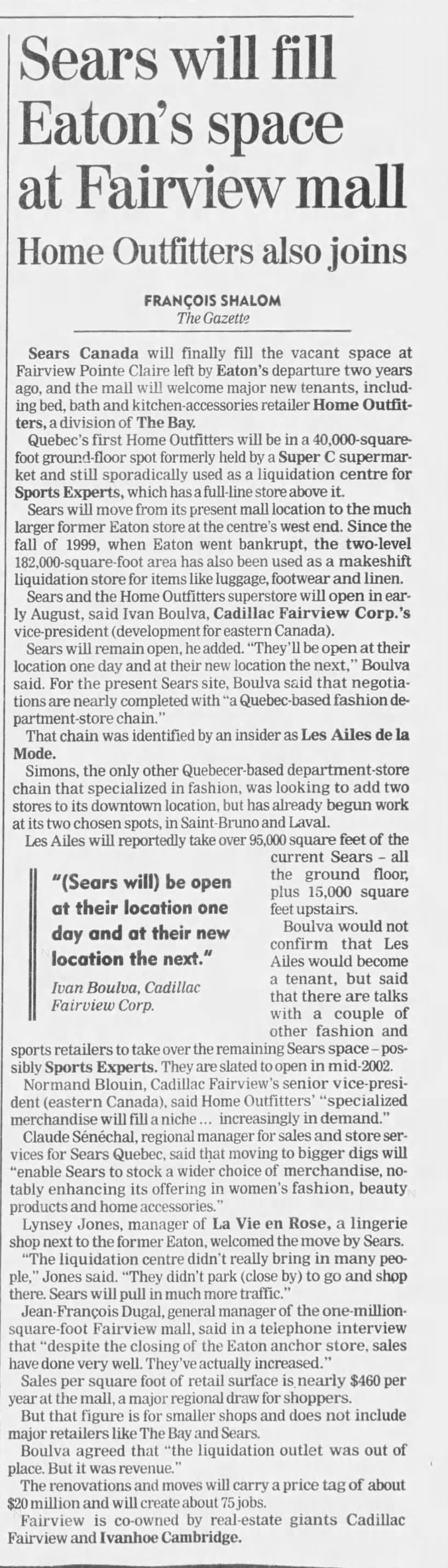 Sears will fill Eaton's space at Fairview mall