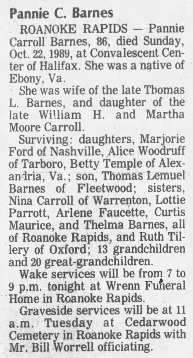 Pannie Carroll Barnes Obituary