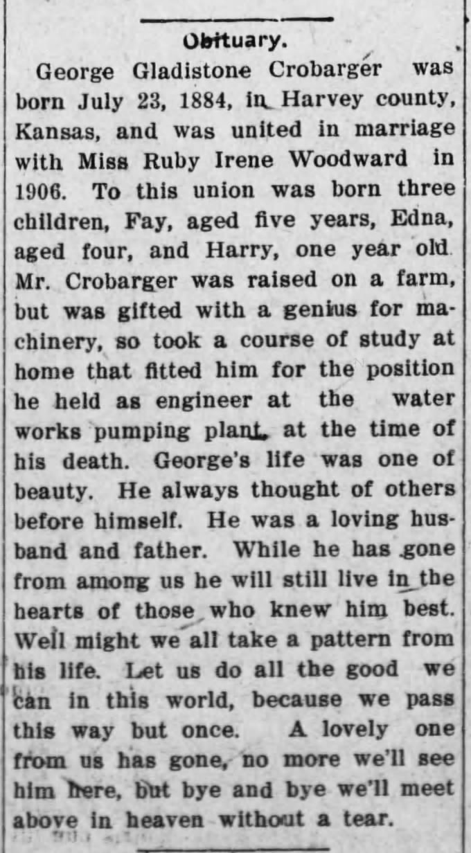 George Gladstone Crobarger obit from "The Evening Kansan-Republican" Newton, KS Mon. 19 Aug 1912