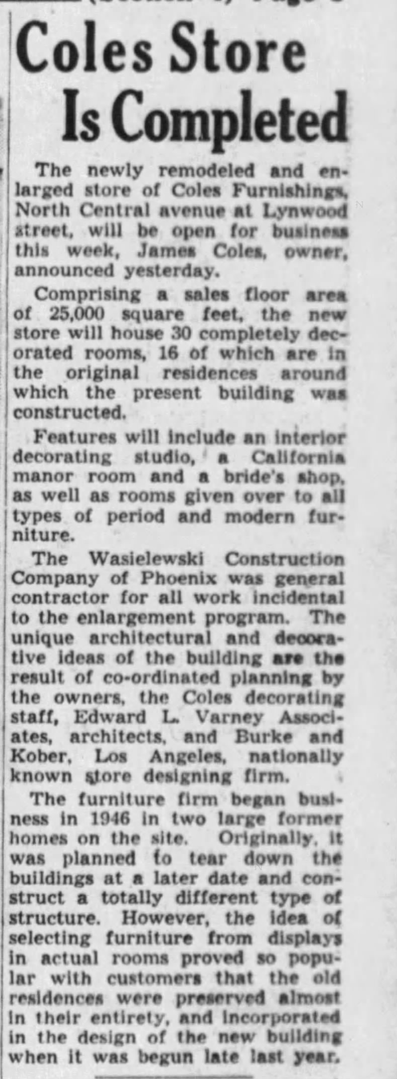 1948: Coles Furnishings Remodeled - Central Ave and Lynwood St