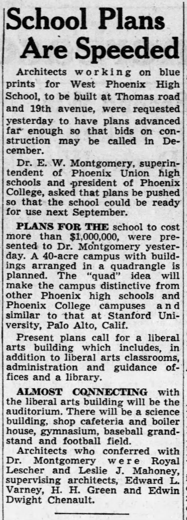 Edward Varney - Part of team designing West High School, Phoenix, AZ 9/12/1947