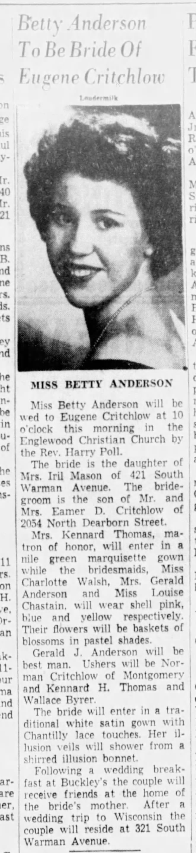 Eugene Critchlow and Betty Anderson Wedding