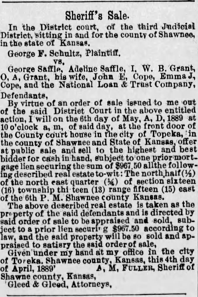 Sheriff's sale of John E Cope and wife Emma J Cope's property (Apr 1889)