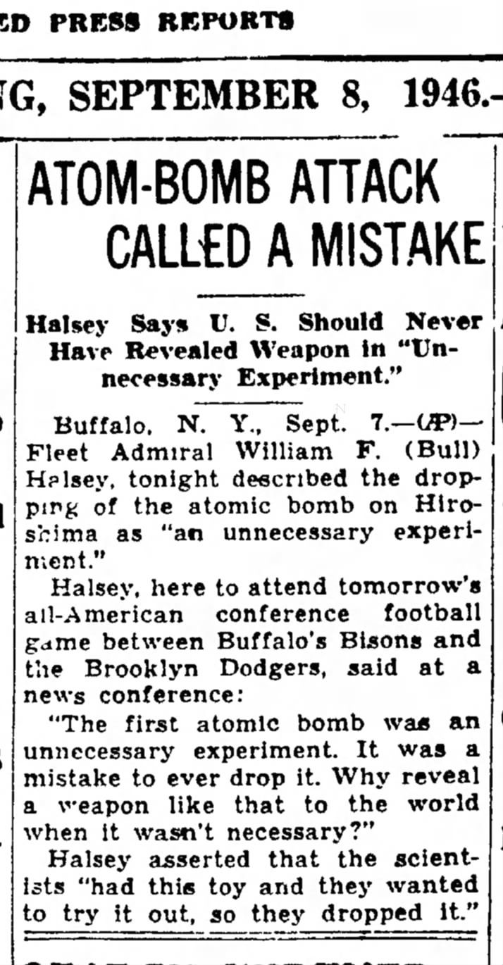 Fleet Admiral William F. Halsey says dropping A-Bomb on Hiroshima was a mistake - 1946