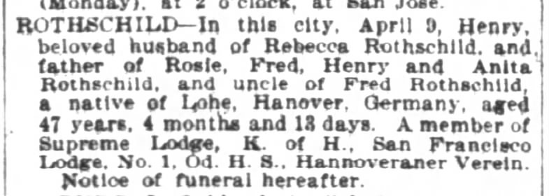 Henry Rothschild husband of Rebecca obituary 10 April 1899