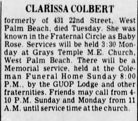 Clarissa Colbert Memorial Service