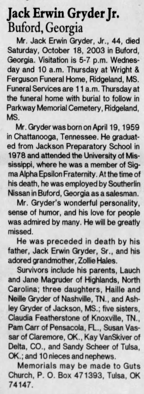 Jack Erwin Gryder Jr Obituary