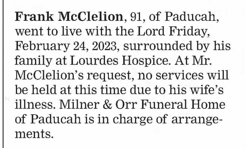 Frank McClelion Death Announcement