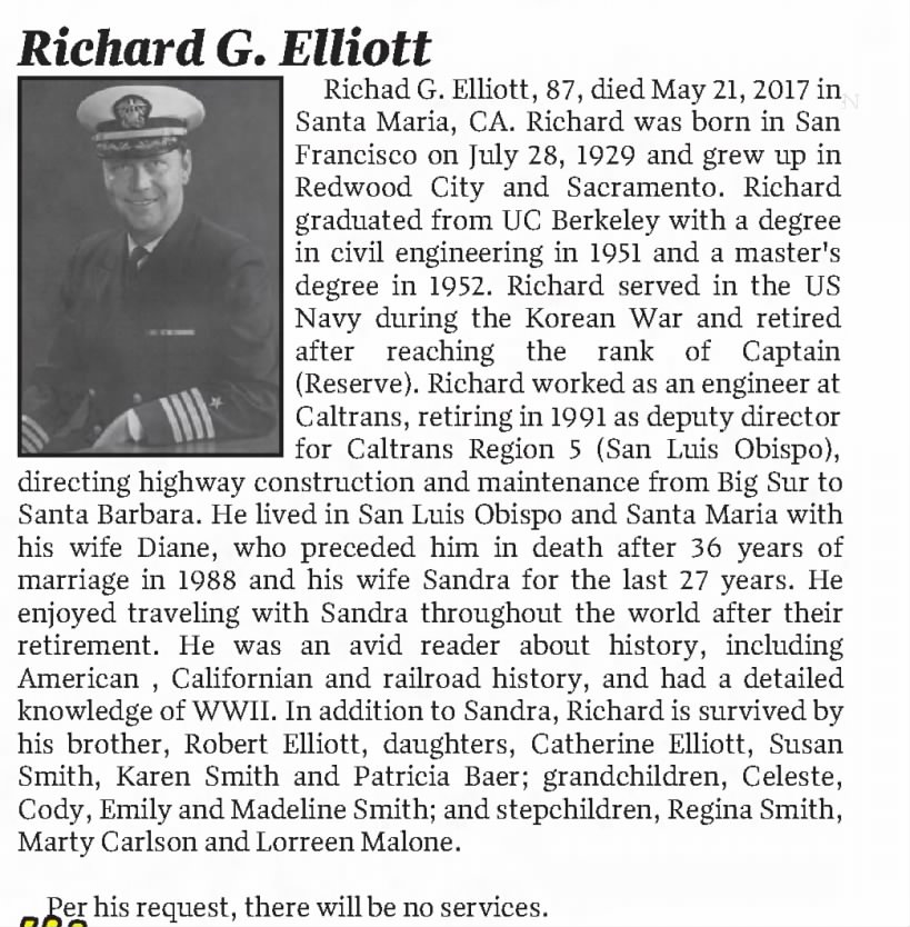 Obituary for Richard G. Elliott, 1929-2017 (Aged 87)