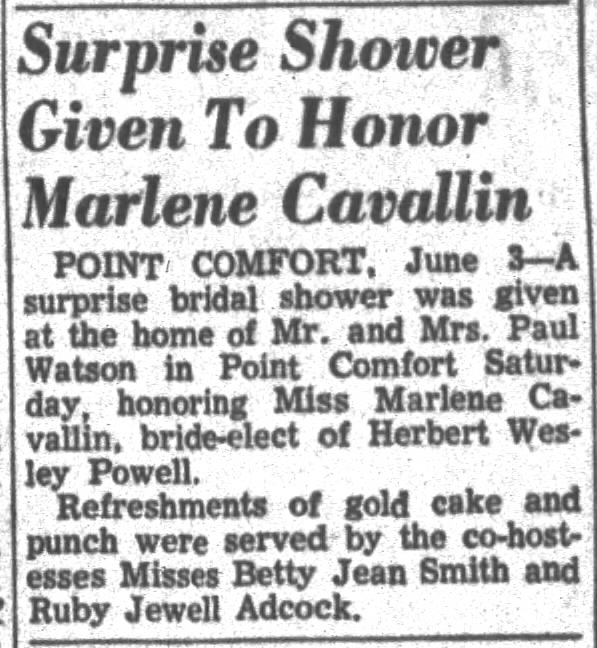 Victoria Advocate 4Jun1955, Sat p.3 - Surprise Shower Given to Honor Marlene Cavallin