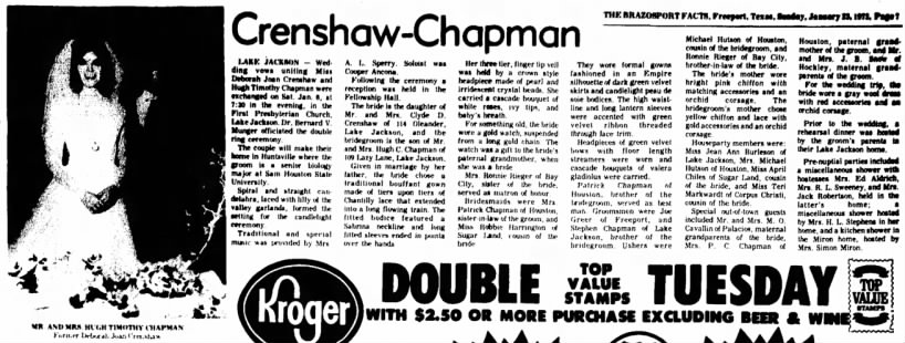 Crenshaw-Chapman Wedding 23 Jan 1972
