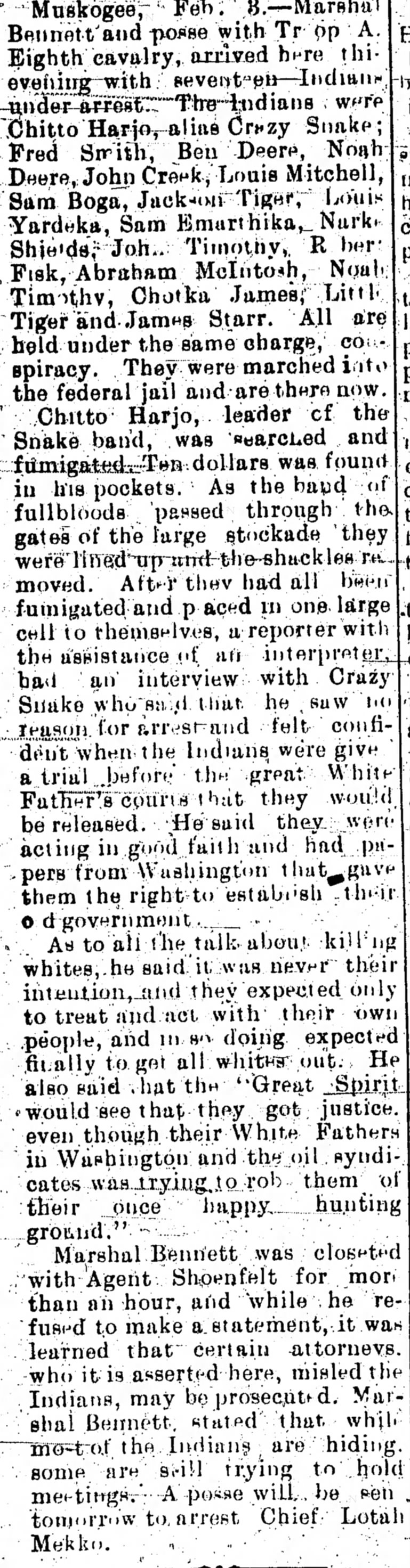 The Indian Journal 8 Feb 1901 p. 3  Noah Deere with Chitto Harjo