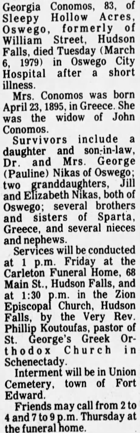 Georgia (widow of John) Conomos The Post-Star, Glens Falls, NY 7 Mar 1979