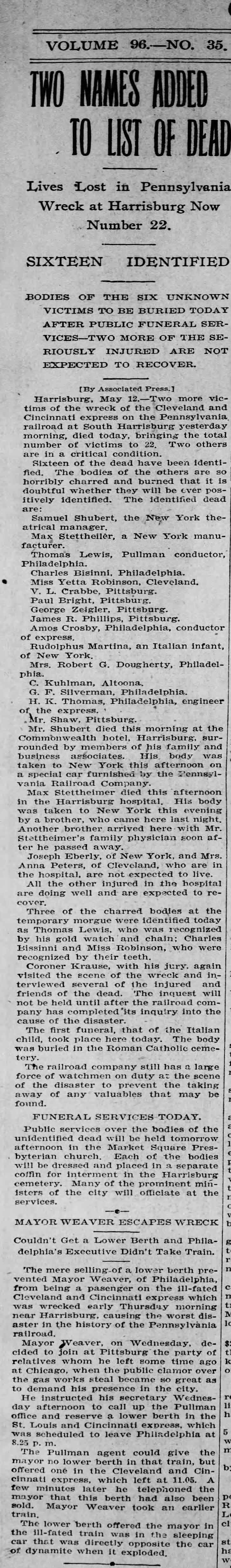 Max Stettheimer dies in train accident in Harrisburg 1905