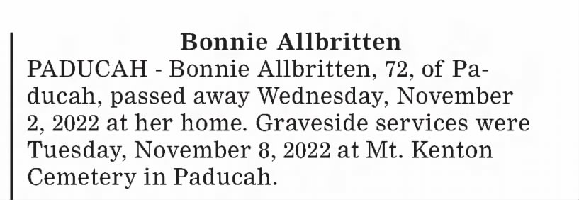 Obituary for Bonnie Allbritten