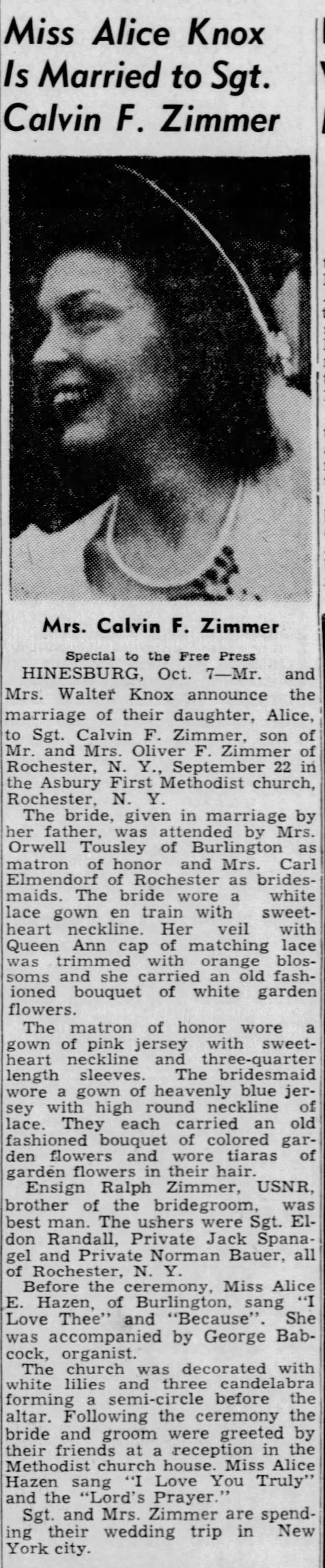 Calvin F. Zimmer wedding announcement