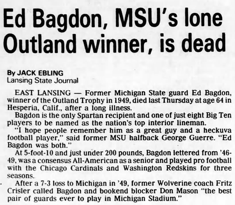 Ed Bagdon, MSU's lone Outland winner, is dead
