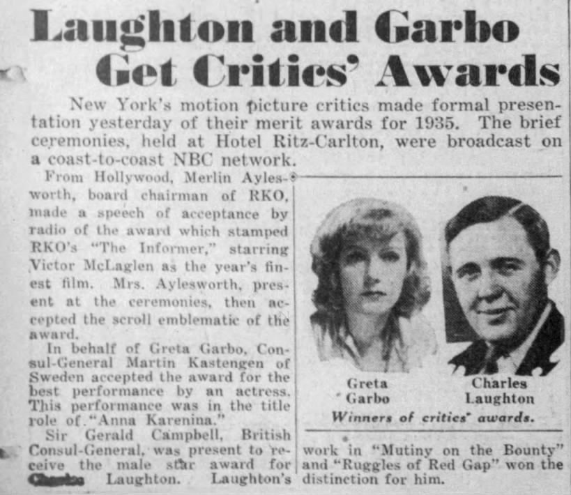 Laughton and Garbo Get Critics' Awards