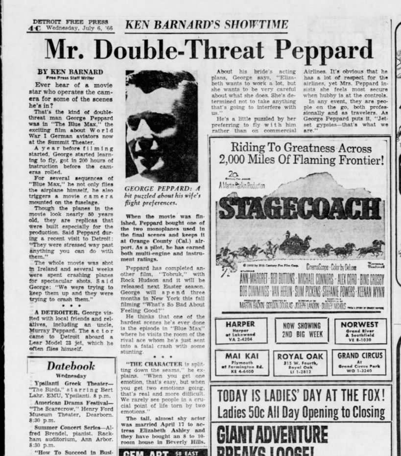 DFP 6 Jul 1966, Wed p 24
http://freep.newspapers.com/image/97706283/?terms=george%2Bpeppard#