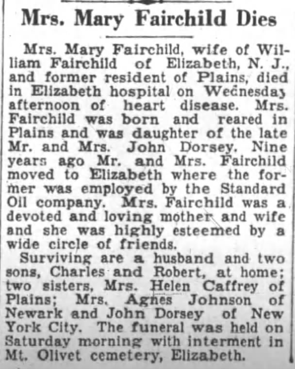 Mary Dorsey Fairchild Obituary Feb 1930