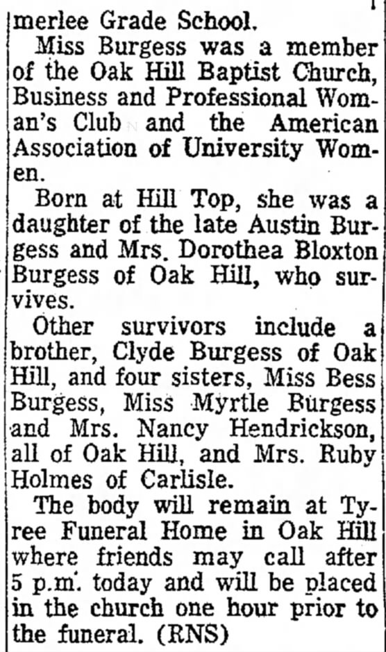 RR (Beckley,WV) - Feb 1, 1966 - Miss Opal Burgess d. Jan 1966