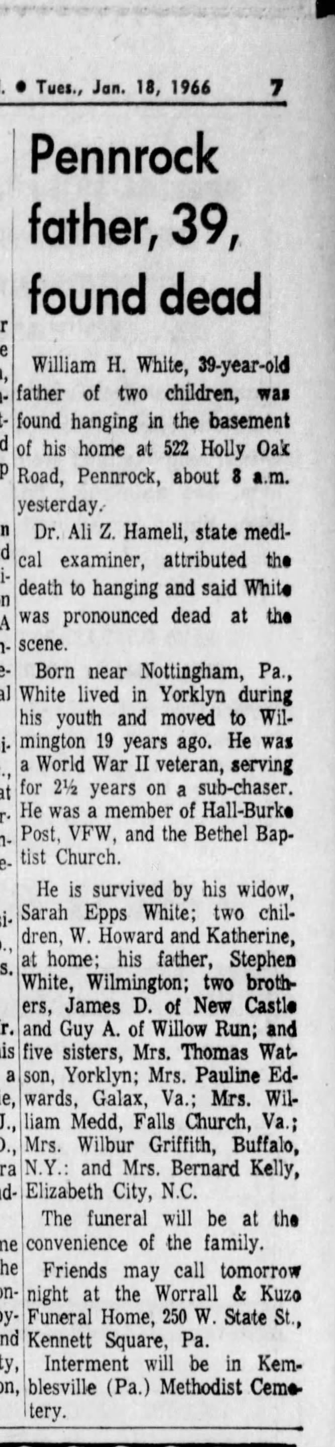 1/18/1966 Morning News Wilm DE
William White obit