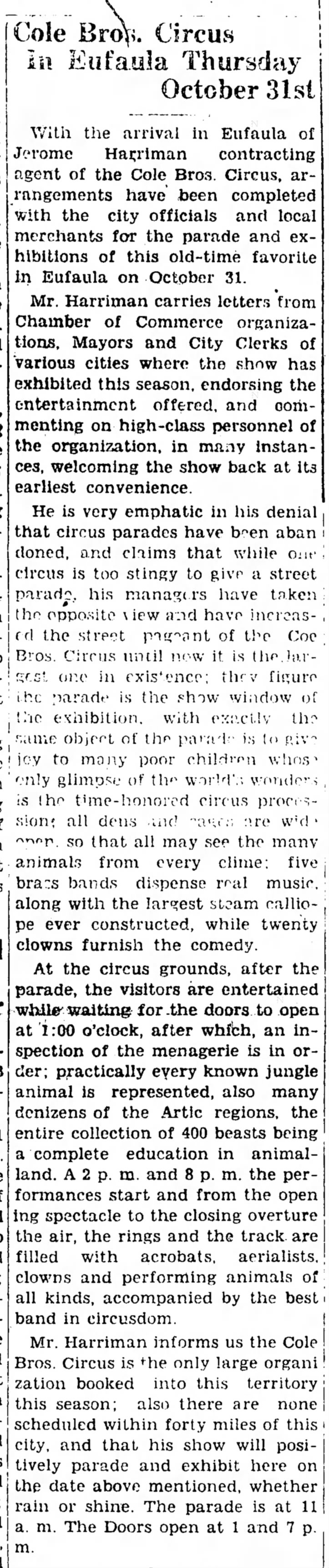 JTH Cole Bros 10-10-1929
Indian Journal, Eufaula OK