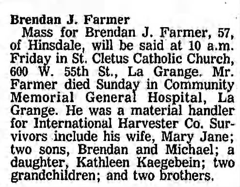 Brendan J Farmer Death Notice