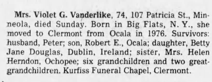 Mrs Violet G Vanderlike Obituary