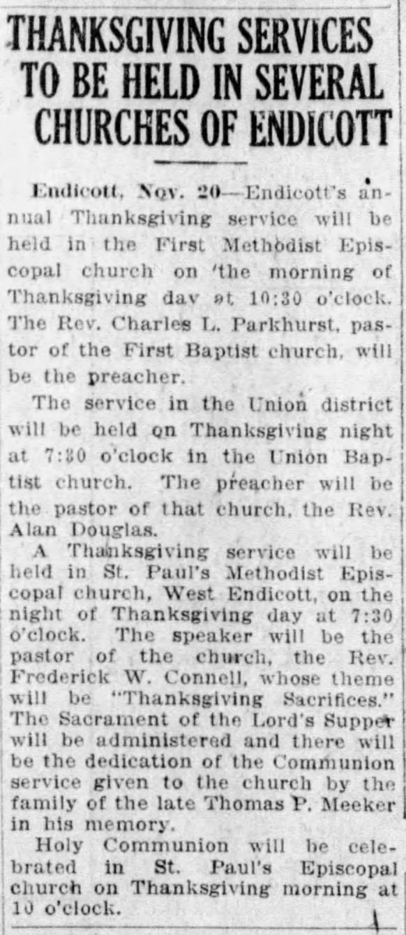 "Thanksgiving Services to be Held in Several Churches of Endicott"