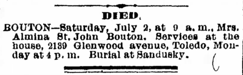 Almina St.John Bouton death notice