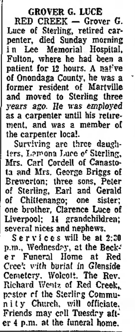 luce, grover obit post standard 29 march 1966