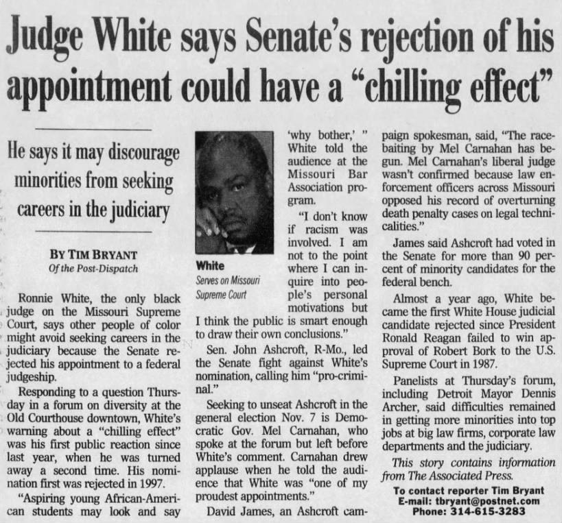Judge White says Senate's rejection of his appointment could have a "chilling effect"