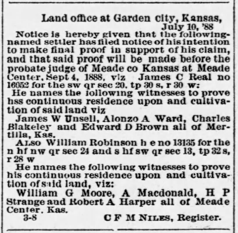 Unsell James Wesley - called as witness about some land in Kansas - 1888