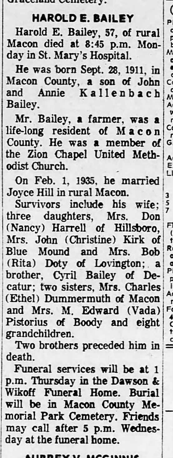 Harold E Bailey Death 1968