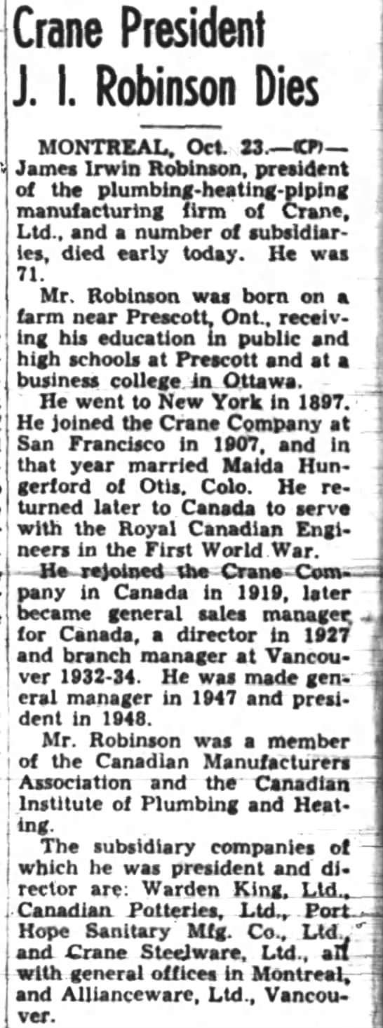 Obituary Robinson James Irwin 23 Oct 1950 Ottawa Journal
