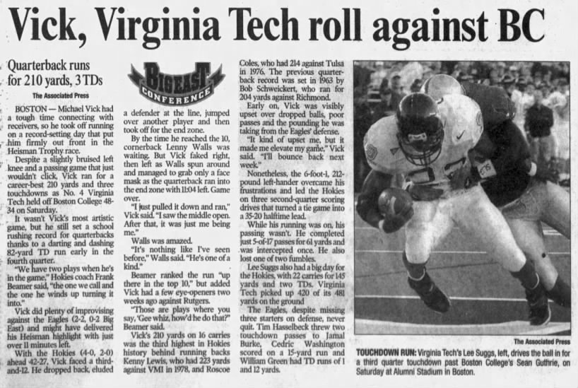 Vick, Virginia Tech roll against BC; Quarterback runs for 210 yards, 3 TDs {AP}